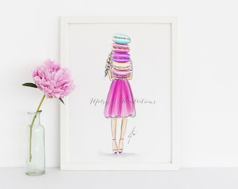 May include: A watercolour illustration of a woman wearing a pink dress and holding a stack of colourful macarons. The text "Melsy Illustrations" is written in cursive at the bottom of the image.