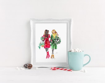 Art Print:Merry and Bright (Brunette and Blonde) (Fashion Illustration Print) By Melsy's Illustrations