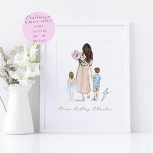 May include: Framed art print featuring a mother and two children, rendered in soft watercolor style. The mother wears a pink dress and holds flowers, while the children are in blue and light blue outfits. The print is in a white frame.