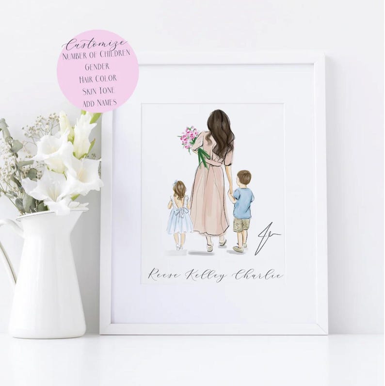 May include: Framed art print featuring a mother and two children, rendered in soft watercolor style. The mother wears a pink dress and holds flowers, while the children are in blue and light blue outfits. The print is in a white frame.