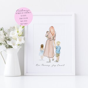 May include: A framed watercolor print depicts a mother with three children. The mother wears a pink dress and holds a baby. The print includes the text "Rose Mommy Jay Emmet" and a pink circle with customization options.