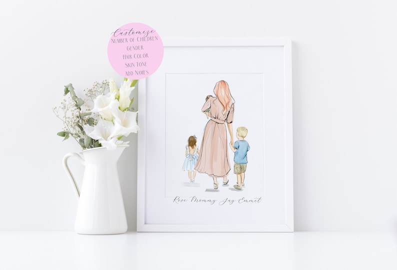 May include: A framed watercolor print depicts a mother with three children. The mother wears a pink dress and holds a baby. The print includes the text "Rose Mommy Jay Emmet" and a pink circle with customization options.