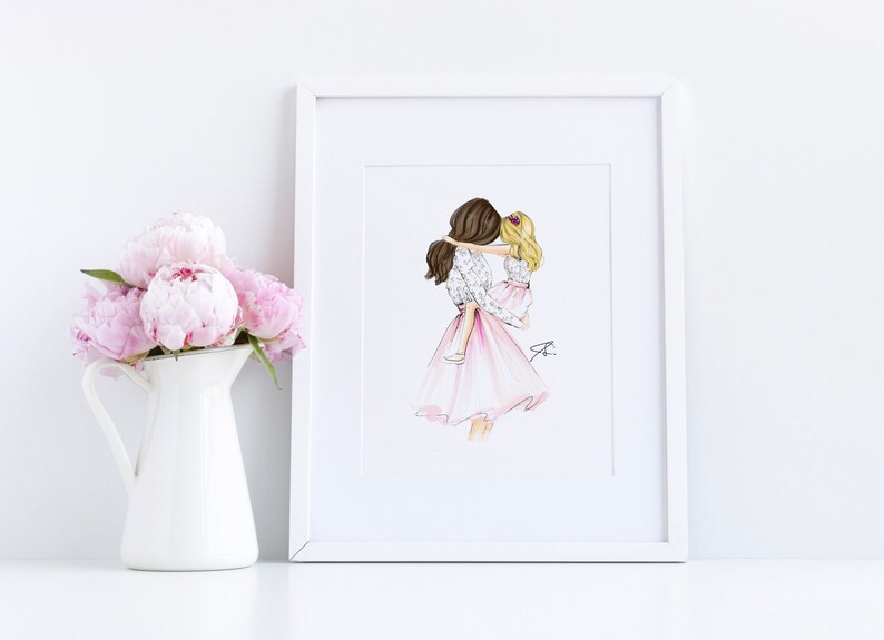 Art Print:A Girl's Best Friend Fashion Illustration Print Gifts for Mom Home Decor Mother Daughter By Melsys Illustrations Brunette/Blonde