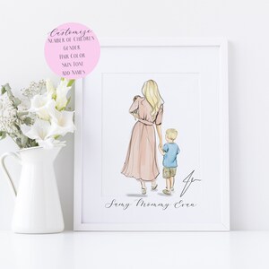 Mother's Day Gift for Mom — Custom Mom and Kids Portrait Print | Personalized Family Illustration | Mom Children Art Print | Gift from Kids image 3