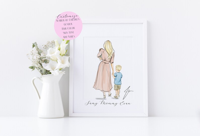 Mother's Day Gift for Mom — Custom Mom and Kids Portrait Print | Personalized Family Illustration | Mom Children Art Print | Gift from Kids image 3