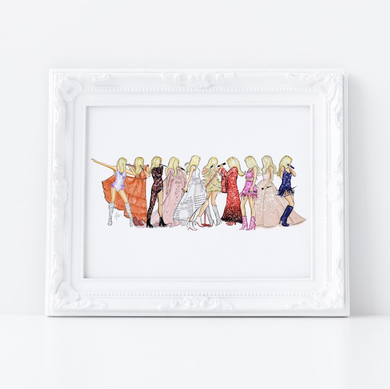 May include: A digital illustration of a blonde woman in 12 different outfits, each with a different style and color. The woman is holding a microphone in each image. The outfits range from a sparkly red dress to a casual denim jacket and jeans.