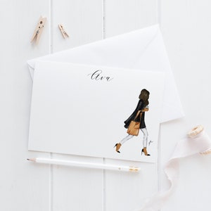 Gepersonaliseerde briefpapierset: onderweg [stationaire notitiekaarten, gepersonaliseerd, modetekening, girly briefpapiersets voor het schrijven van brieven]