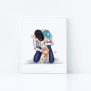May include: A watercolor illustration of a father and son hugging. The father is wearing a white shirt, blue jeans, and a black baseball cap. The son is wearing a white shirt, beige pants, and a blue baseball cap.