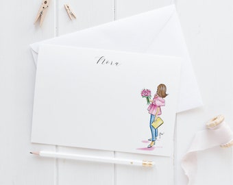 Personalized Stationery Set: Peonies & Denim [Stationary Notecards, Personalized, Fashion Drawing, Girly Stationery Sets for Letter Writing]