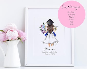 Impresión de retrato de graduación personalizado, regalo personalizado para la promoción de 2026, ilustración de graduación universitaria, regalo para estudiantes de último año de secundaria.