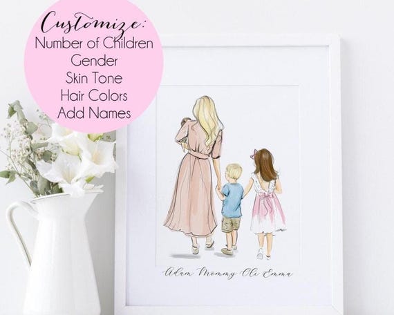 Mother's Day Gift for Mom — Custom Mom and Kids Portrait Print | Personalized Family Illustration | Mom Children Art Print | Gift from Kids