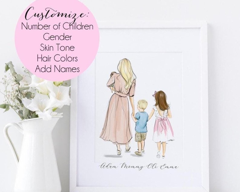 May include: A framed watercolor print depicts a mother in a pink dress holding a baby, walking with a young boy and girl. The print includes the text "Customize: Number of Children, Gender, Skin Tone, Hair Colors, Add Names."