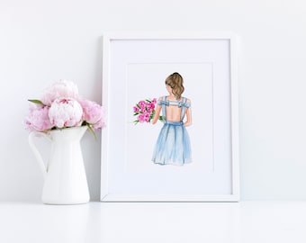 Art Print: The Blue Dress and Peonies (Fashion Illustration l Fashion Sketch Print l Home Decor) By Melsy’s Illustrations