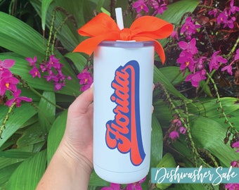 Florida Retro Stainless Steel Cup Game Day Tailgate Football Tumbler Personalized Orange & Blue Florida College Gift Dishwasher Safe