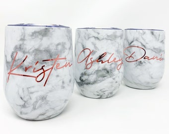 Marble Wine Cup Stainless Steel Stemless Tumbler Personalized Gift Idea Insulated Marble Wine Cup with Straw Custom Rose Gold Party Favors