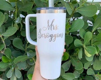 Personalized Mrs 40oz Stainless Steel Travel Tumbler with Handle Custom Bachelorette Party Gift for Bride Bridal Shower Gift for New Mrs