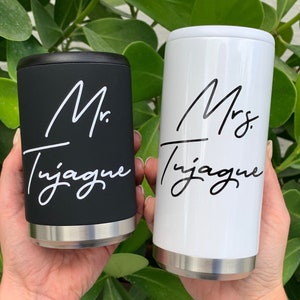 Personalized Bride and Groom Stainless Steel Can Cooler Mr Mrs Wedding Gift Couples Wedding Gift 12oz Slim or Beer Can Holder image 1
