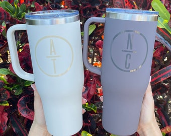 Monogrammed 40oz Stainless Steel Travel Mug with Handle and Straw Personalized Large Tumbler Monogram Initials Custom Drink Tumbler Cup