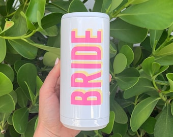 Bride Shadow Name Slim Can Cooler Skinny Can Beverage Holder Insulated Can Cooler Personalized Drinking Gifts Bride Gifts Bachelorette Party