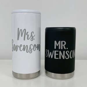 Personalized Bride and Groom Stainless Steel Can Cooler Mr Mrs Wedding Gift Couples Wedding Gift 12oz Slim or Beer Can Holder image 3
