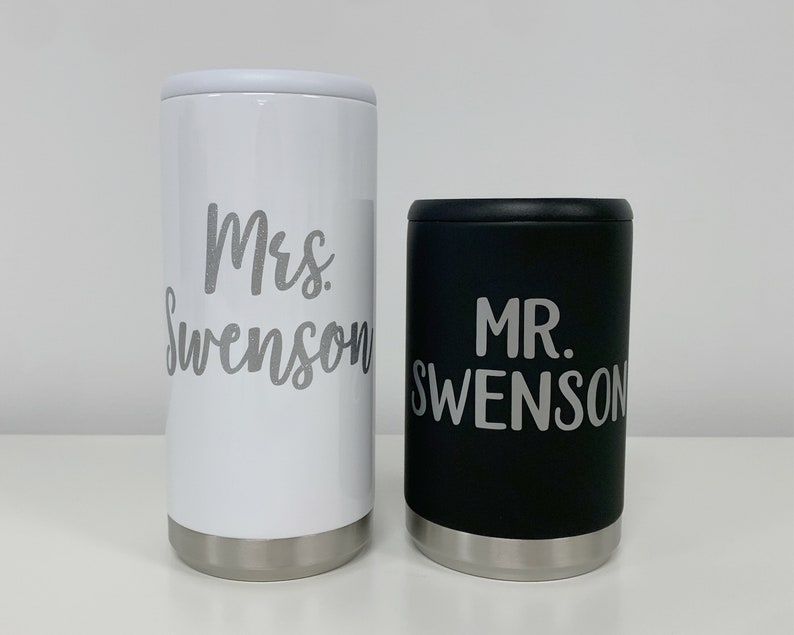 Personalized Bride and Groom Stainless Steel Can Cooler Mr Mrs Wedding Gift Couples Wedding Gift 12oz Slim or Beer Can Holder image 3