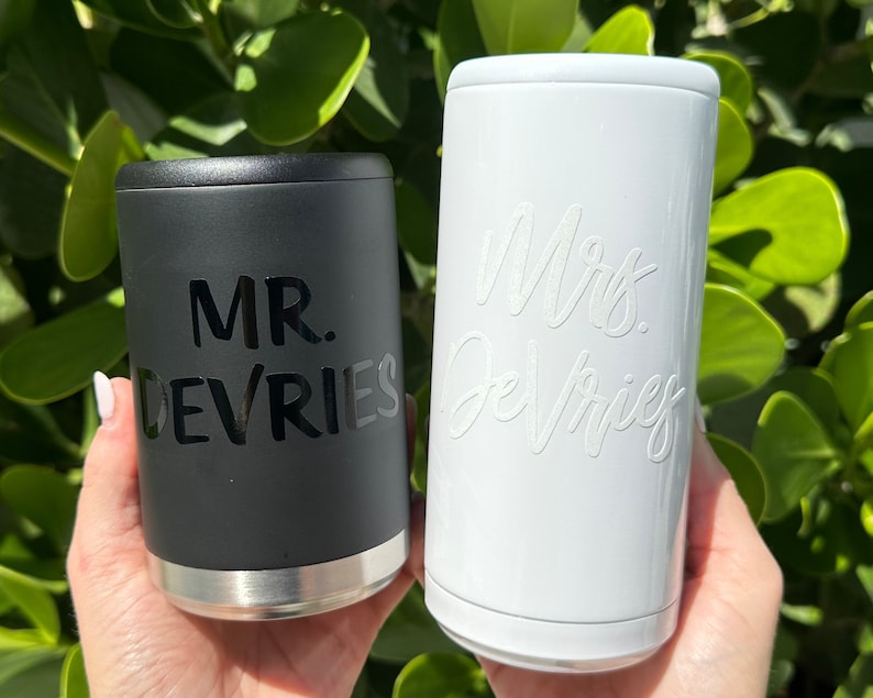 Personalized Bride and Groom Stainless Steel Can Cooler Mr Mrs Wedding Gift Couples Wedding Gift 12oz Slim or Beer Can Holder image 10