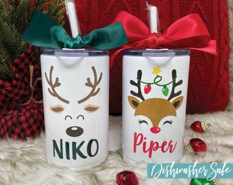 Christmas Reindeer Kids Tumbler Personalized Holiday Name Cup Custom Christmas Gift for Kids Stainless Steel Water Bottle Dishwasher Safe