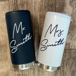 Personalized Bride and Groom Stainless Steel Can Cooler Mr Mrs Wedding Gift Couples Wedding Gift 12oz Slim or Beer Can Holder image 4