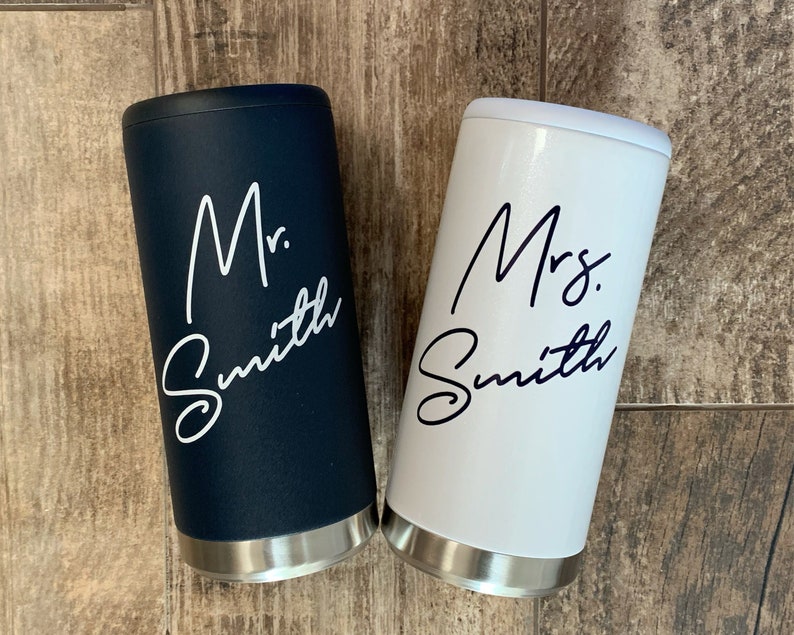 Personalized Bride and Groom Stainless Steel Can Cooler Mr Mrs Wedding Gift Couples Wedding Gift 12oz Slim or Beer Can Holder image 4