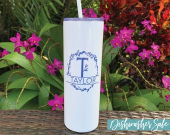 Monogrammed Floral Wreath Initial Name Stainless Steel Tumbler Monogram Initials Personalized Cup Wedding Bridesmaid Dishwasher Safe 20oz