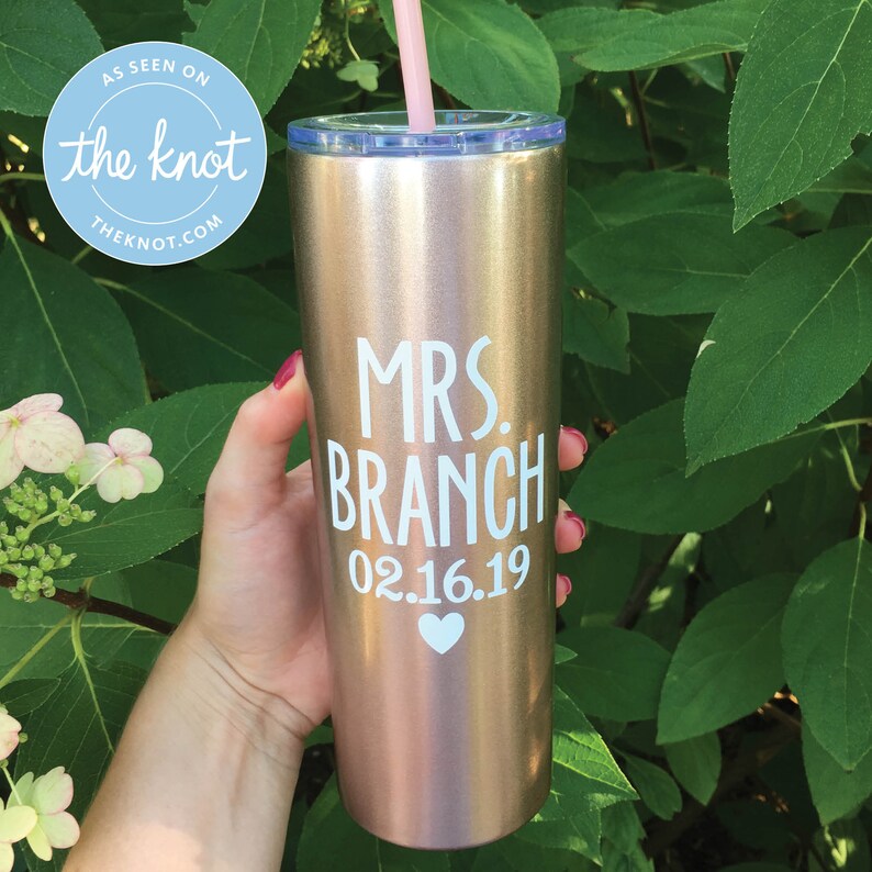 Custom Bride Personalized Mrs Stainless Steel Skinny Cup Gift for Bride to Be Bachelorette Day of Wedding Bridal Shower Rose Gold Cup image 3