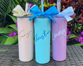 Personalized Name Skinny Stainless Steel Tumbler Insulated Party Cup with Straw Customized Water Cup Personalized Gift for Her 20oz