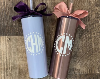 Monogrammed Skinny 20oz Cup Monogram Initials Stainless Steel Tumbler Custom Insulated Bottle Christmas Gift Idea Personalized Gift for Her