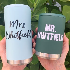 Personalized Bride and Groom Stainless Steel Can Cooler Mr Mrs Wedding Gift Couples Wedding Gift 12oz Slim or Beer Can Holder image 2