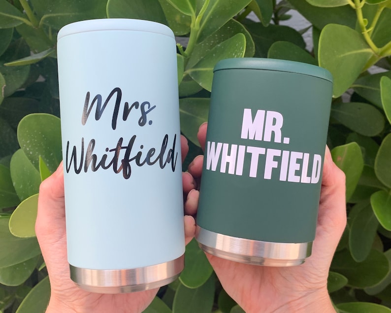 Personalized Bride and Groom Stainless Steel Can Cooler Mr Mrs Wedding Gift Couples Wedding Gift 12oz Slim or Beer Can Holder image 2