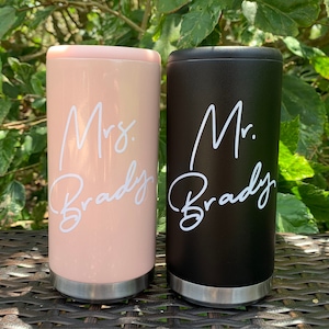 Personalized Stainless Steel Slim Can Cooler Mr Mrs Wedding Gift Idea Couples Wedding Gift Honeymoon Trip 12oz Slim Can Holder