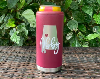 Personalized State of Alabama Slim Can Cooler Insulated Stainless Steel Can Holder Gift Football Tailgate Party Crimson