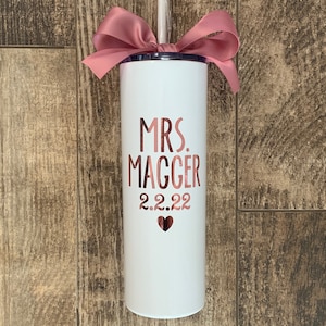 Custom Bride Personalized Mrs Stainless Steel Skinny Cup Gift for Bride to Be Bachelorette Day of Wedding Bridal Shower Rose Gold Cup image 1