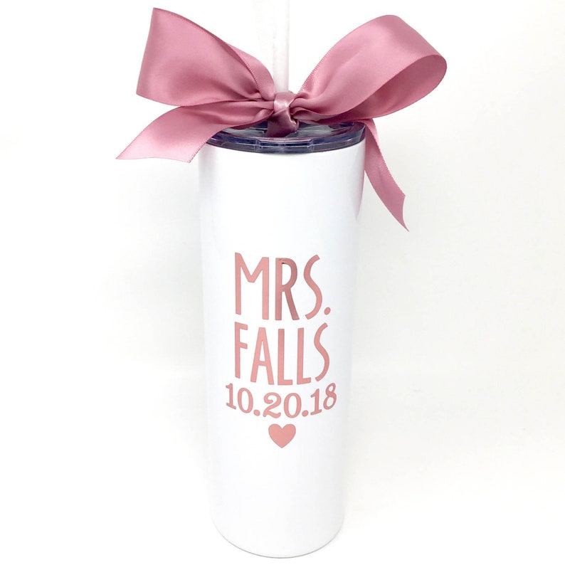 Custom Bride Personalized Mrs Stainless Steel Skinny Cup Gift for Bride to Be Bachelorette Day of Wedding Bridal Shower Rose Gold Cup image 4