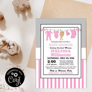 Clothesline Baby Shower Invitation, It&#39;s A Girl Shower Invitation, Pink Baby Shower, Teddy Bear Baby Shower, It&#39;s A Girl, Digital, Editable