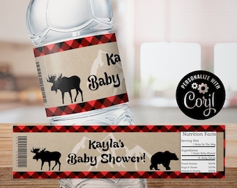 Könnte beinhalten: Wasserflaschenetikett mit rotem und schwarzem Karomuster, einer Elchsilhouette und dem Text "Kayla's Baby Shower!"