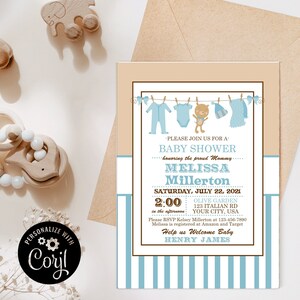 Clothesline Baby Shower Invitation, It&#39;s A Boy Shower Invitation, Blue Baby Shower, Teddy Bear Baby Shower, It&#39;s A Boy, Digital, Editable
