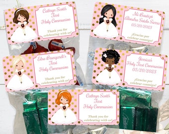 First Communion Treat Bags, Communion Party Favors, Communion Personalized Stickers, First Communion Favors, First Holy Communion, Pink