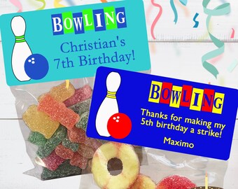 May include: Two favor bags with bowling-themed labels. The top label says "BOWLING Christian's 7th Birthday!" and the bottom label says "BOWLING Thanks for making my 5th birthday a strike! Maximo". The bags contain colorful gummy candies.