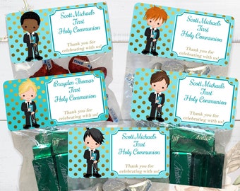 First Communion Treat Bags: Personalized Teal Stickers