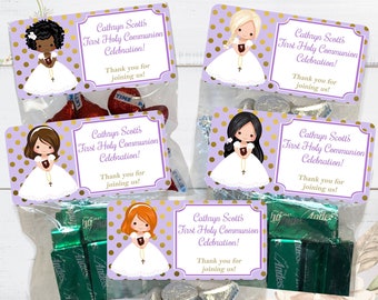 First Communion Treat Bags: Personalized Purple Stickers