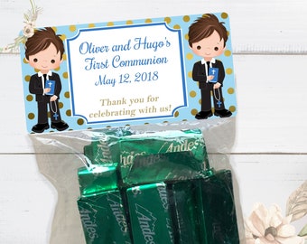 Twins First Communion Treat Bags: Personalized Stickers & Clear Bags