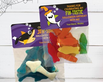 Shark Halloween Birthday Party Favors, Personalized Sticker Bags