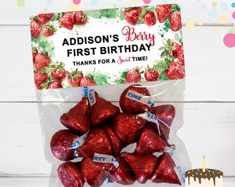Strawberry First Birthday Party Favor Stickers & Bags