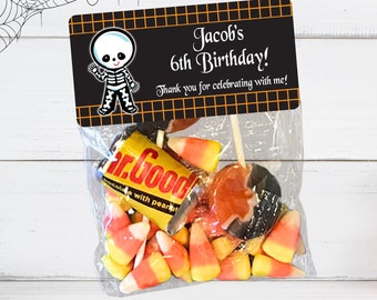 Skeleton Halloween Birthday Treat Bags, Personalized Stickers